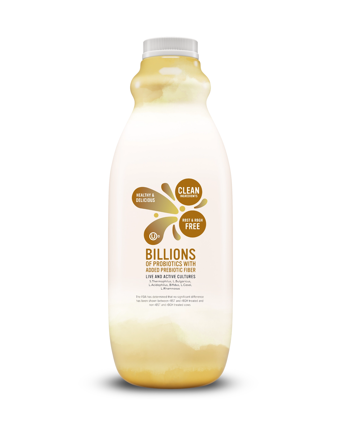 Side view of Pillars Vanilla Drinkable Yogurt bottle, label showing live and active cultures claim