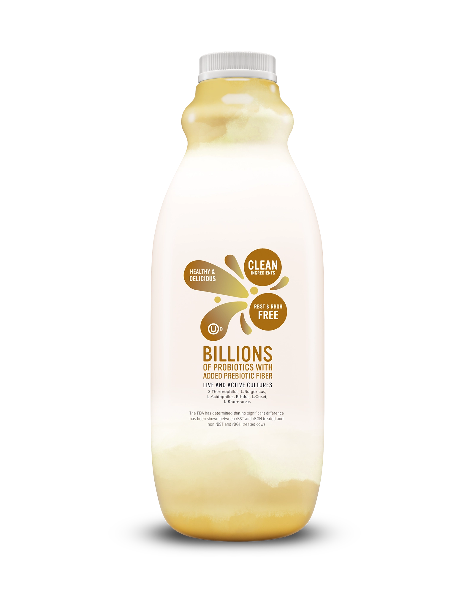 Side view of Pillars Vanilla Drinkable Yogurt bottle, label showing live and active cultures claim