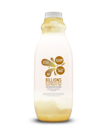 Side view of Pillars Vanilla Drinkable Yogurt bottle, label showing live and active cultures claim