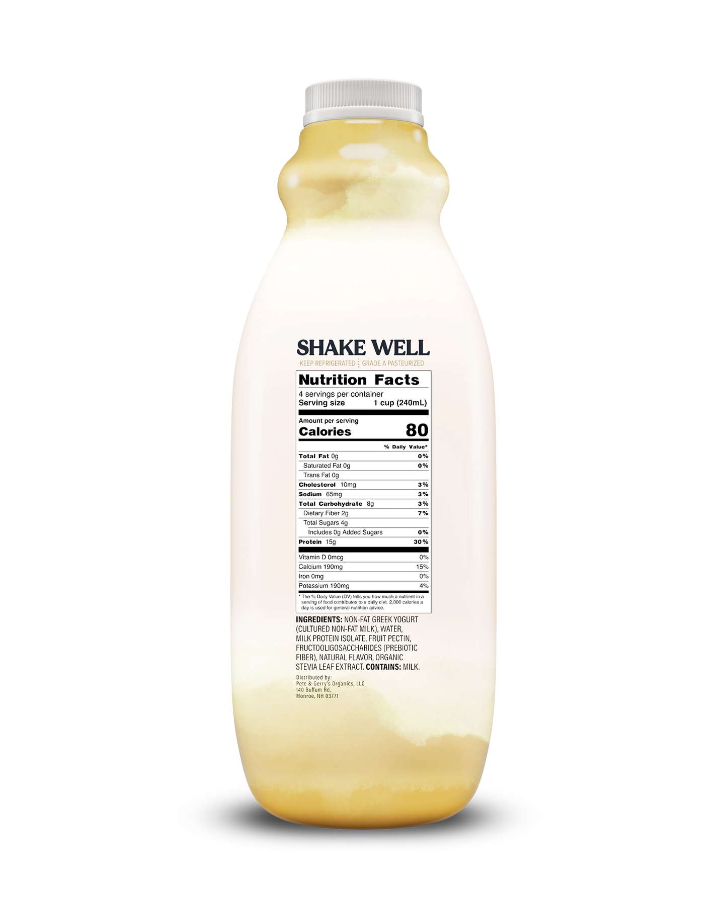 Side view of Pillars Vanilla Drinkable Yogurt bottle, label showing the Nutrition Facts panel
