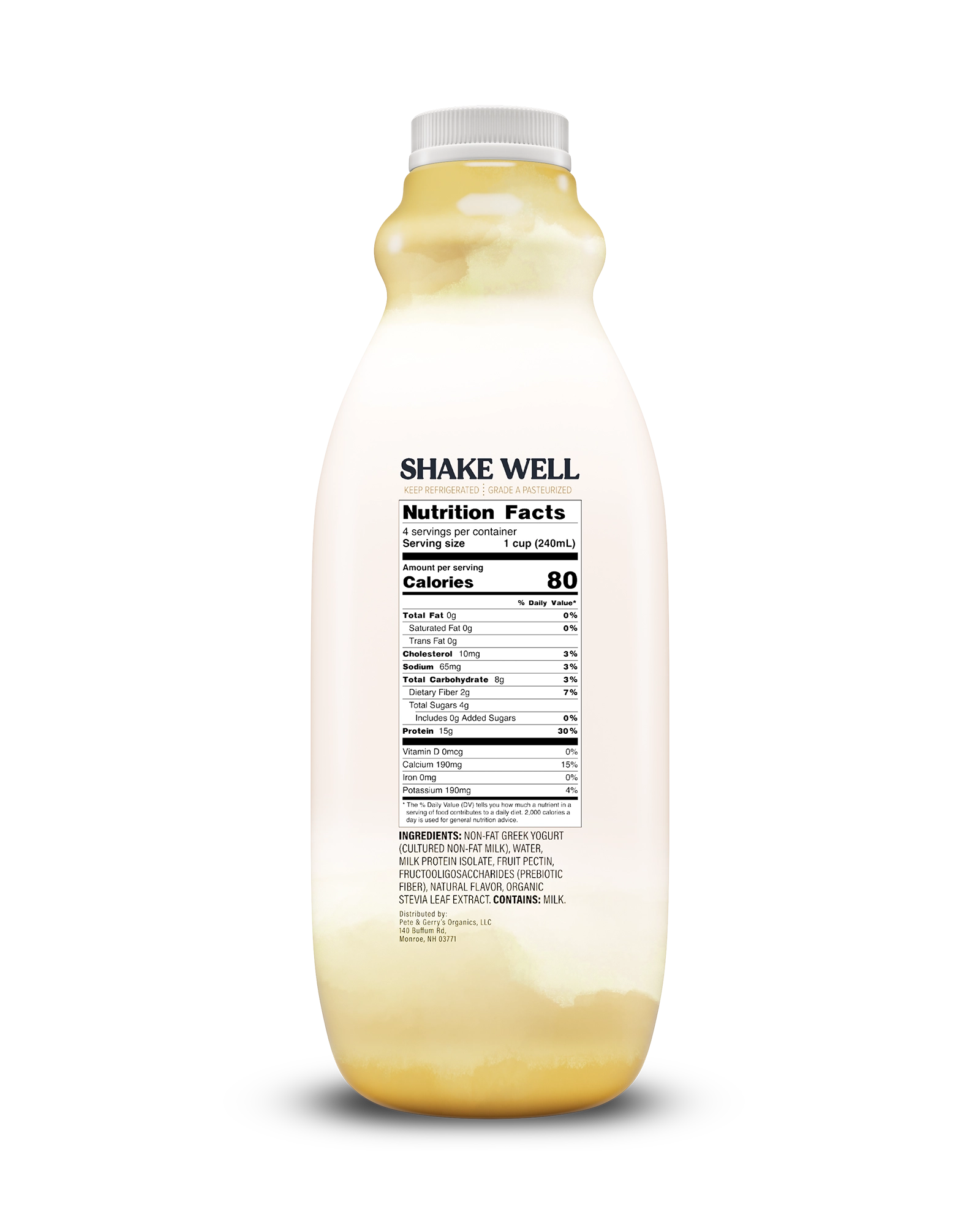 Side view of Pillars Vanilla Drinkable Yogurt bottle, label showing the Nutrition Facts panel