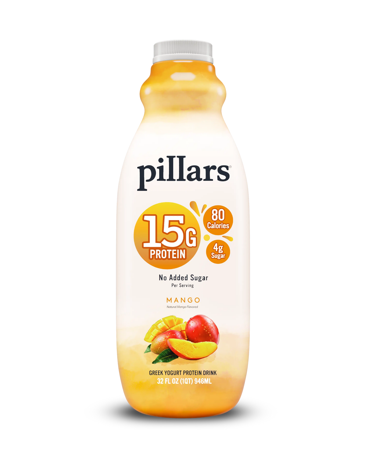 A bottle of Pillars 15g Protein Mango Greek Yogurt Protein Drink on a white background. The bottle is white with a yellow-orange gradient at the bottom, featuring a yellow circular badge that reads '15g PROTEIN' and '80 Calorie' and '3g Sugar'.