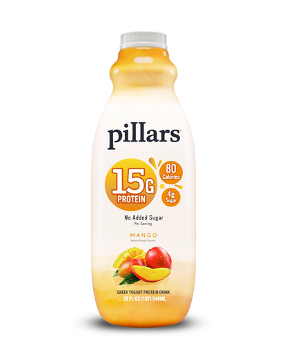 A bottle of Pillars 15g Protein Mango Greek Yogurt Protein Drink on a white background. The bottle is white with a yellow-orange gradient at the bottom, featuring a yellow circular badge that reads '15g PROTEIN' and '80 Calorie' and '3g Sugar'.