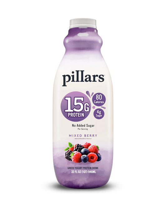 A bottle of Pillars Greek Yogurt Protein Drink in Mixed Berry flavor, featuring a white bottle with purple accents and a berry illustration on the label.