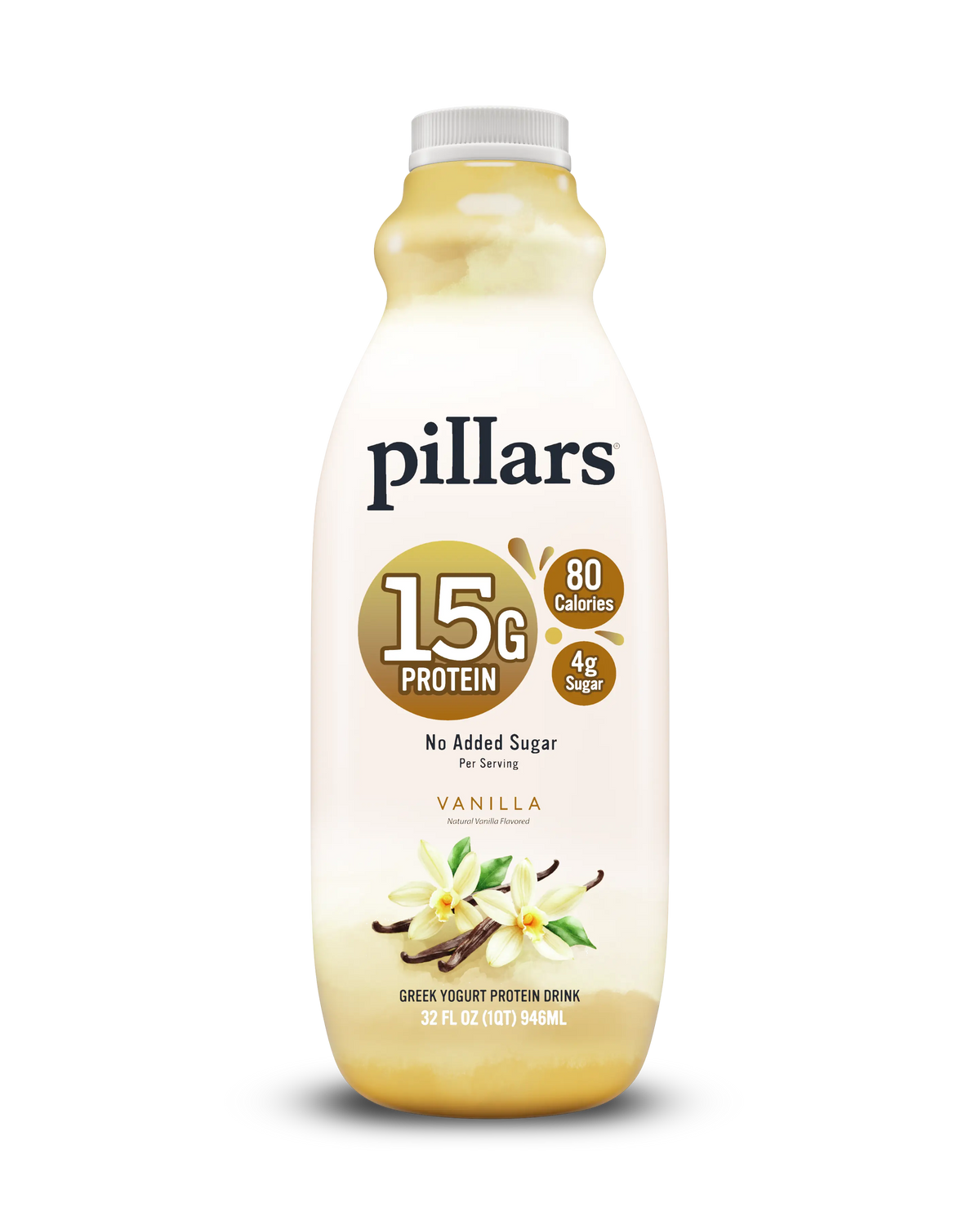 A bottle of Pillars Vanilla Green Yogurt Protein Drink, 32 fl oz, 15g protein per serving, featuring a cream-colored label with gold and brown accents, vanilla flower illustrations, and a white cap on a white background.