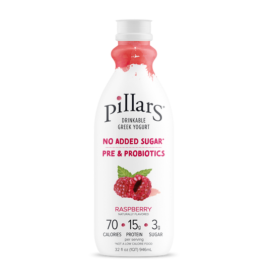 Bottle of Pillars drinkable Greek yogurt with raspberry flavor on a white background